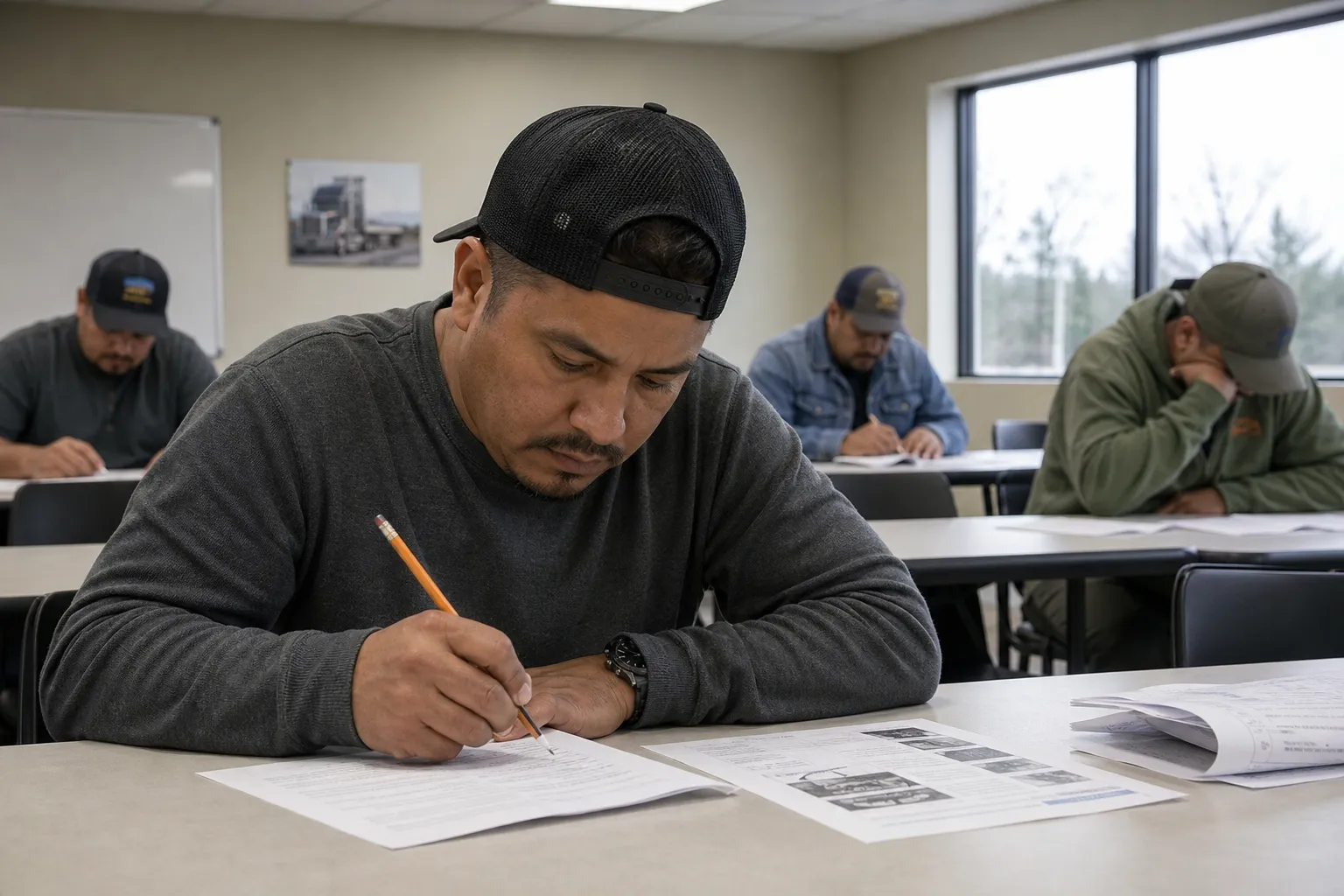 AI-generated illustration of the topic: Indiana trucking businesses face compliance signal as new English requirement leaves CDL testing unchanged